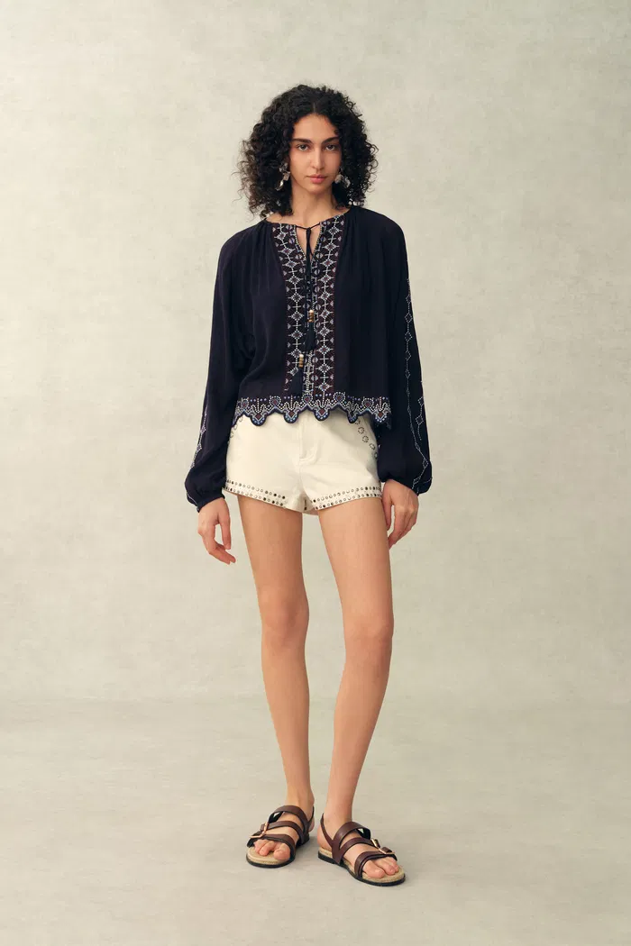 Blair Boho Embroidered  Sheer Lace Puff Sleeve Blouse in Crinkled Georgette