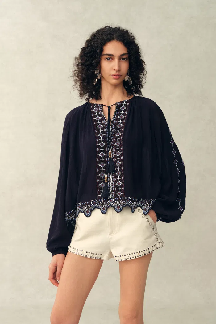 Blair Boho Embroidered  Sheer Lace Puff Sleeve Blouse in Crinkled Georgette - Image 2