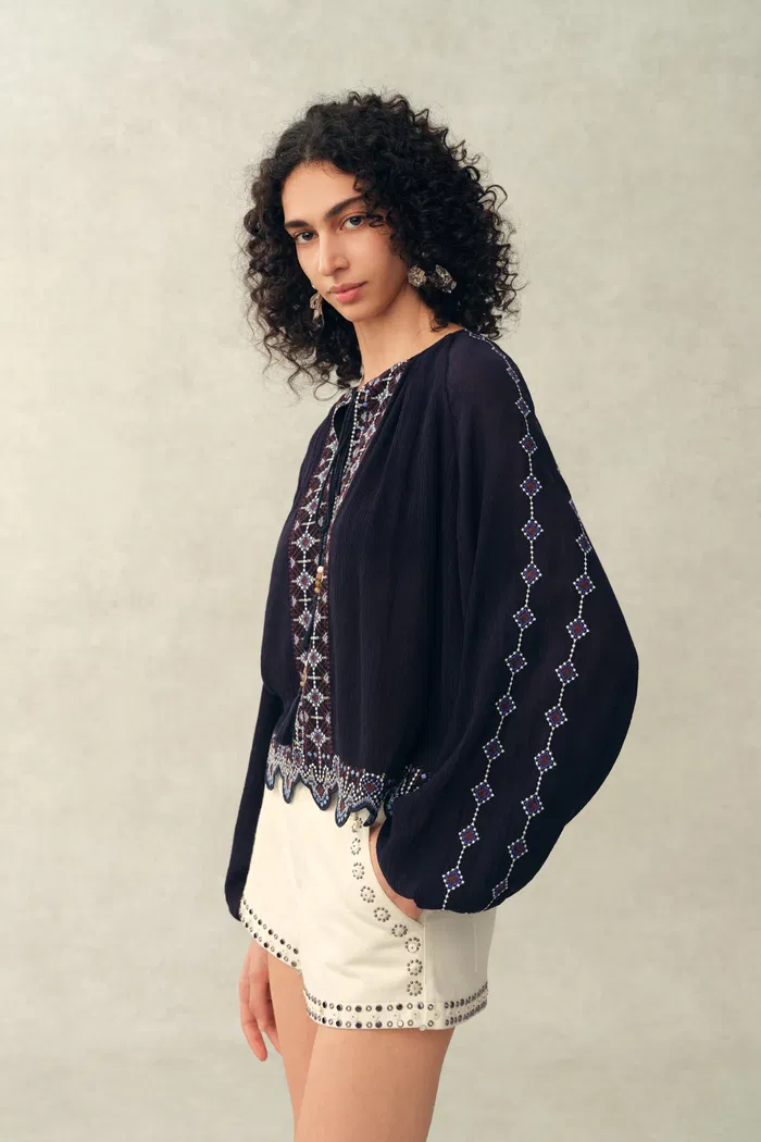 Blair Boho Embroidered  Sheer Lace Puff Sleeve Blouse in Crinkled Georgette - Image 3