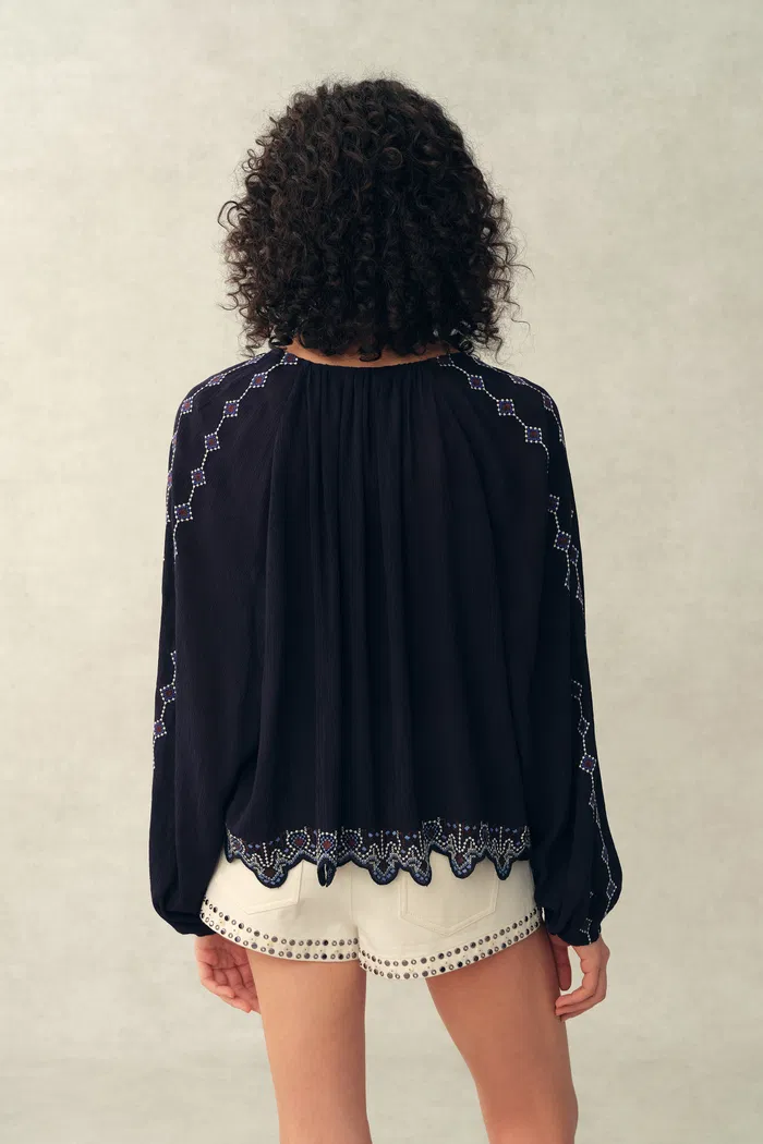 Blair Boho Embroidered  Sheer Lace Puff Sleeve Blouse in Crinkled Georgette - Image 4