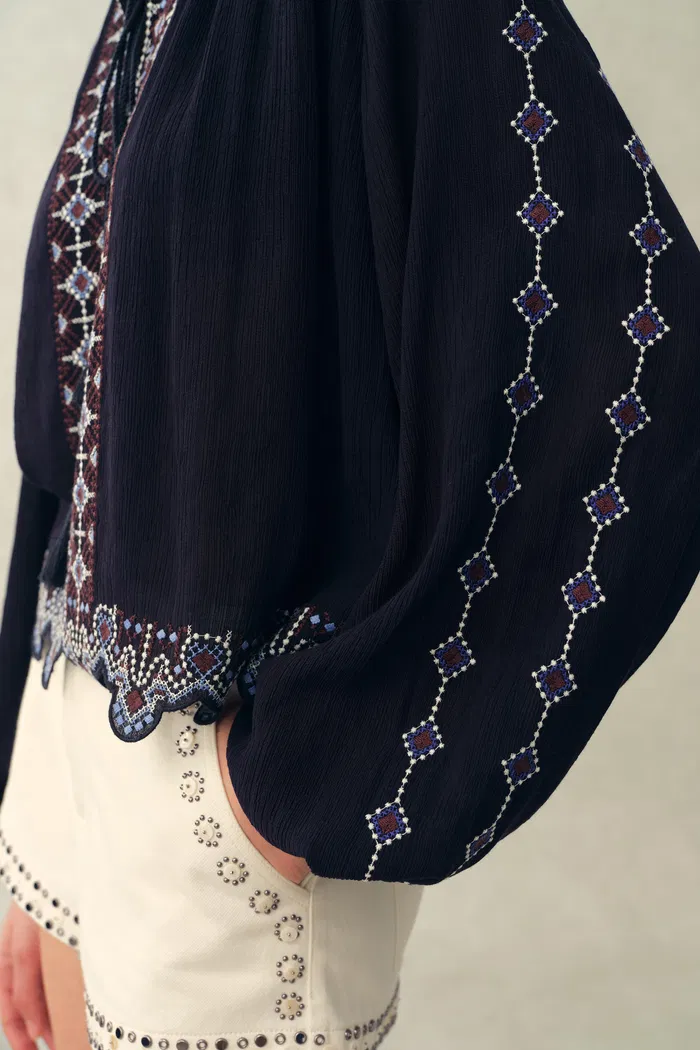 Blair Boho Embroidered  Sheer Lace Puff Sleeve Blouse in Crinkled Georgette - Image 5
