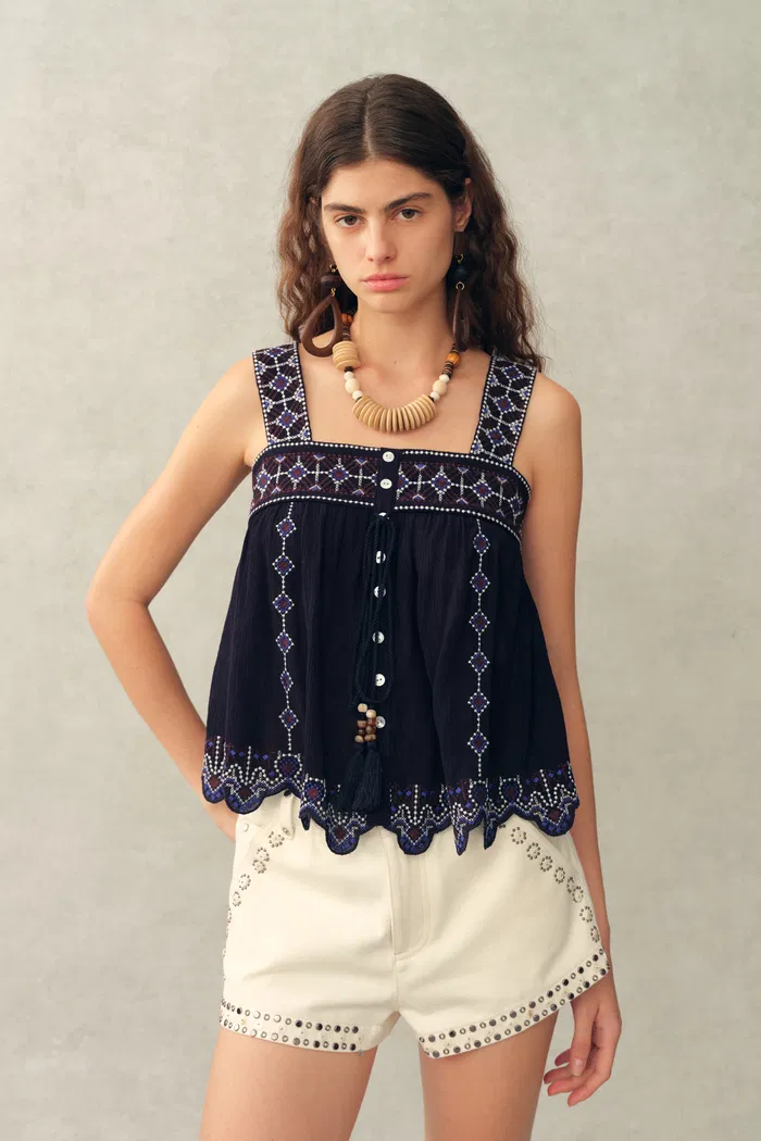 Blaze Boho Embroidery Fringe Tie Front Sleeveless Top in Crinkled Georgette - Image 2