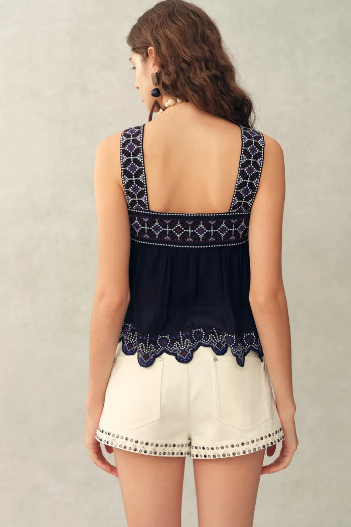 Blaze Boho Embroidery Fringe Tie Front Sleeveless Top in Crinkled Georgette - Image 3
