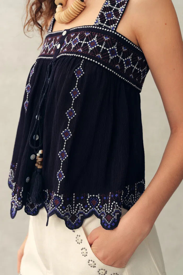 Blaze Boho Embroidery Fringe Tie Front Sleeveless Top in Crinkled Georgette - Image 4