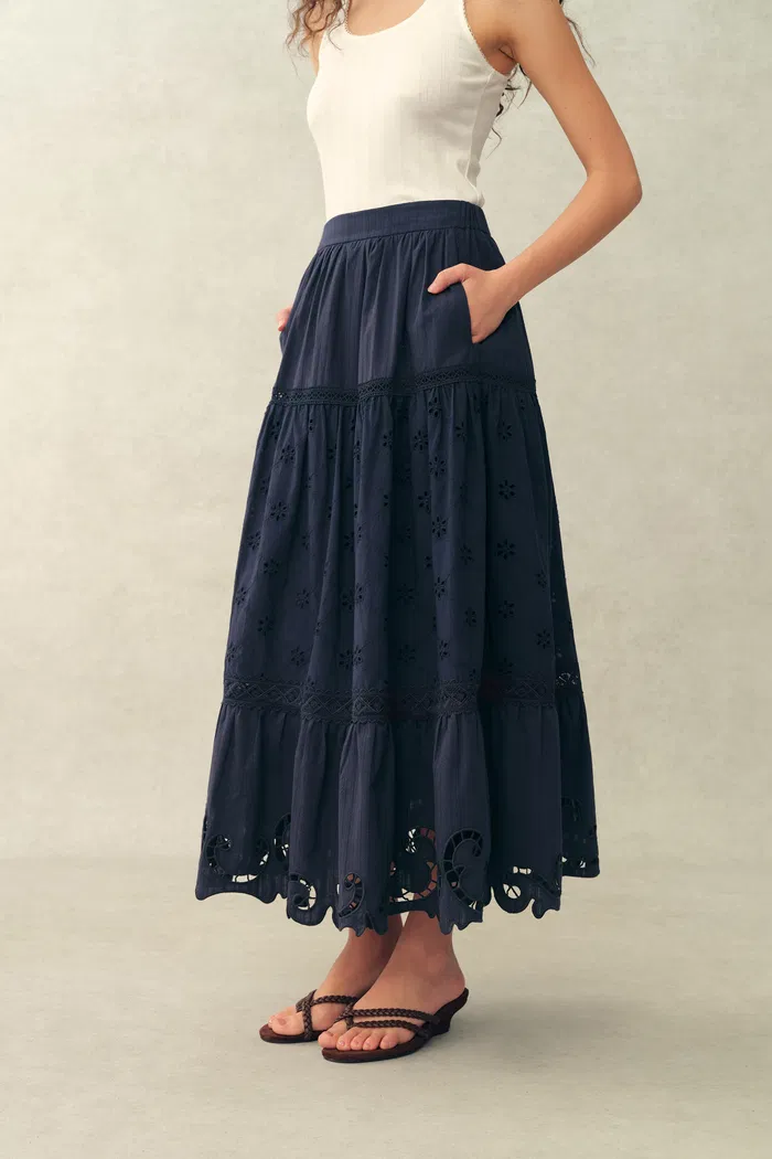 Blue Ivy Cutwork Embroidery Maxi Skirt in Cotton Jacquard with Lace - Image 3