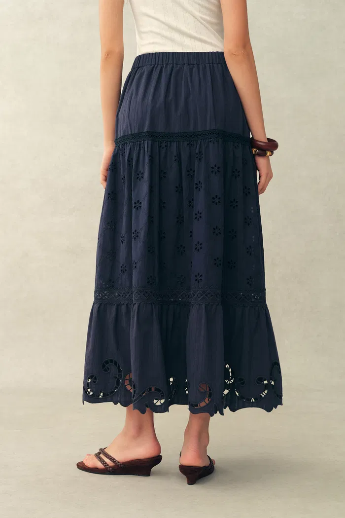 Blue Ivy Cutwork Embroidery Maxi Skirt in Cotton Jacquard with Lace - Image 4