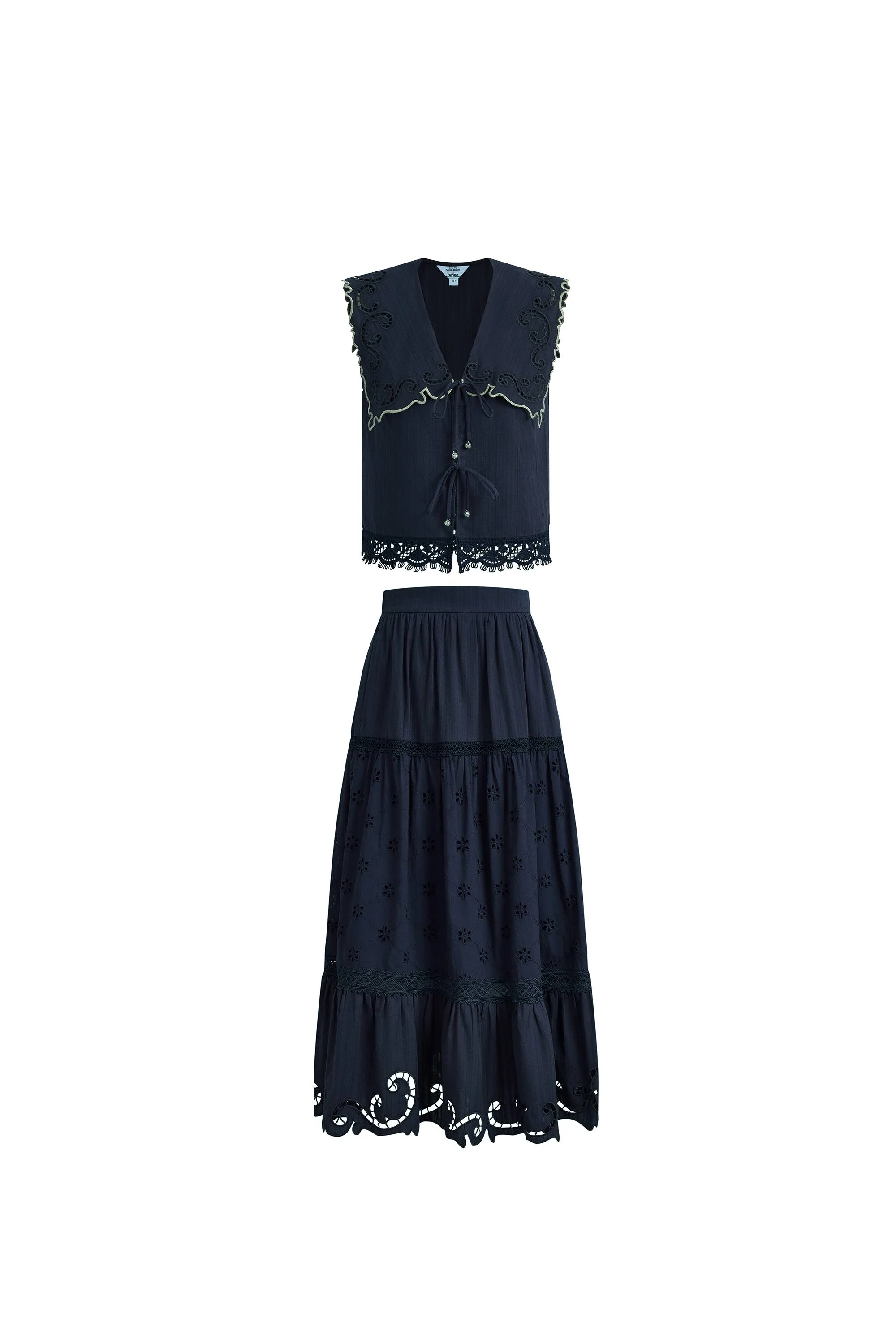 Blue Ivy Sailor Collar Sleeve Sleeveless Top and Skirt Set in Cotton Jacquard with Lace - Image 7