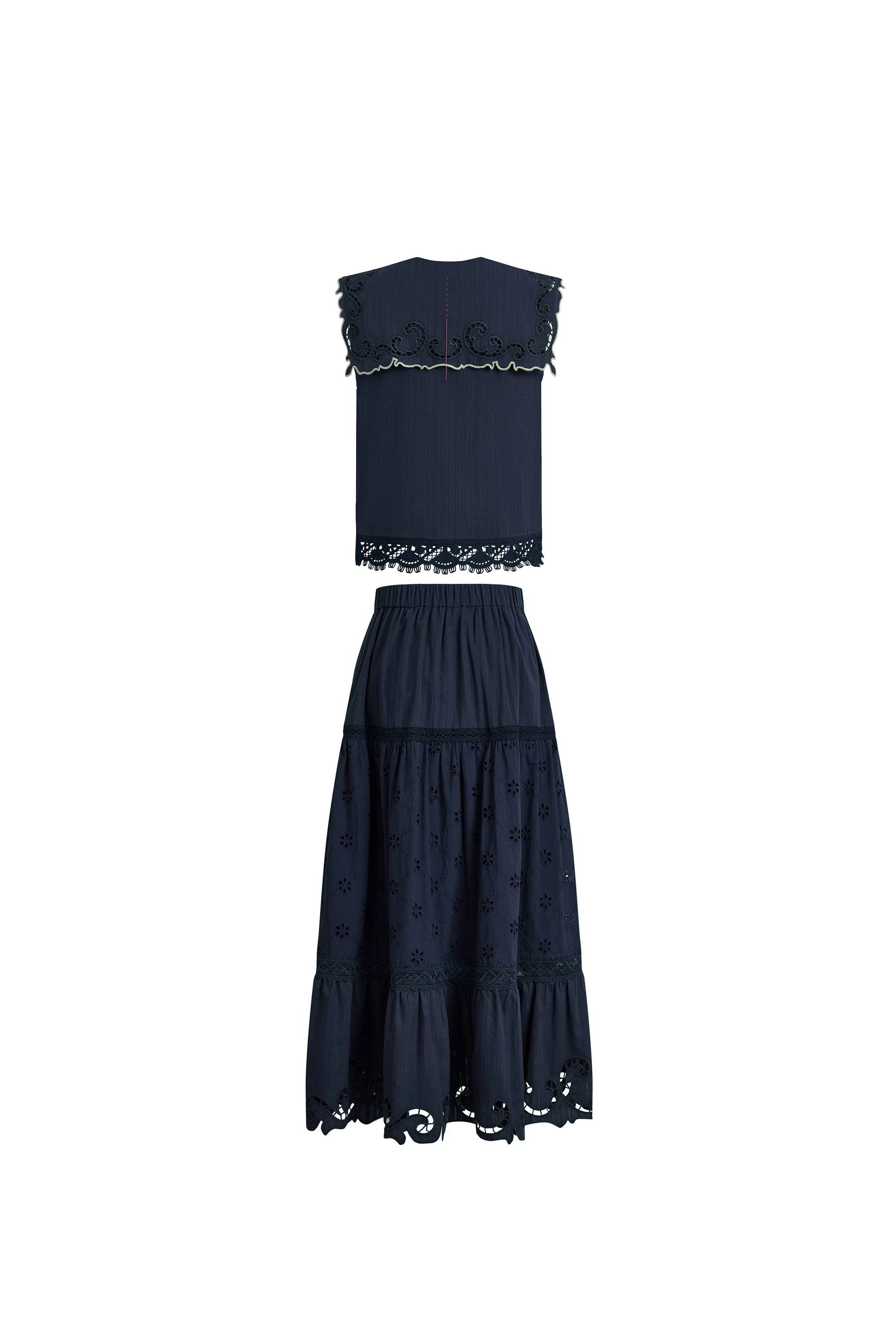Blue Ivy Sailor Collar Sleeve Sleeveless Top and Skirt Set in Cotton Jacquard with Lace - Image 8