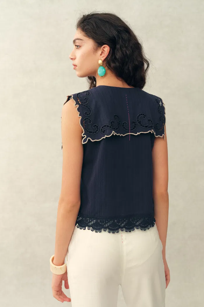 Blue Ivy Sailor Collar Sleeve Sleeveless Top in Cotton Jacquard with Lace - Image 4