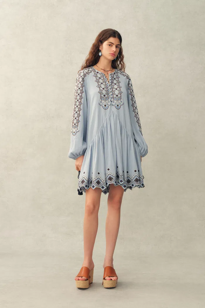 Bohdi Boho Embroidery Crewneck Puff Sleeve Dress in Cotton Crinkle Gauze - Image 2
