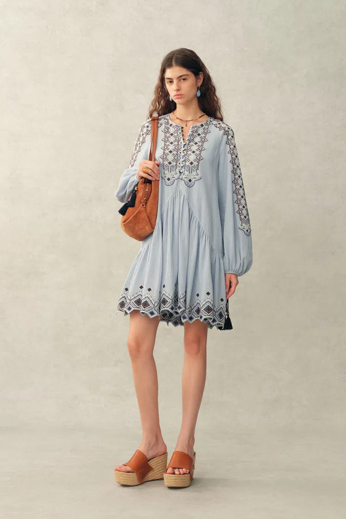Bohdi Boho Embroidery Crewneck Puff Sleeve Dress in Cotton Crinkle Gauze - Image 4