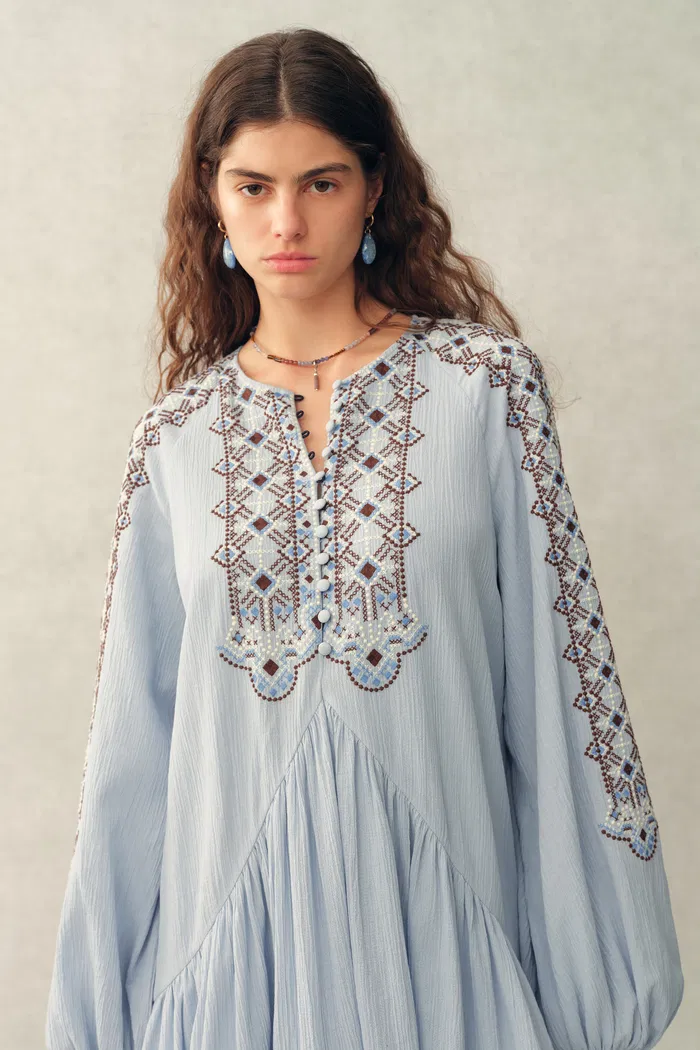 Bohdi Boho Embroidery Crewneck Puff Sleeve Dress in Cotton Crinkle Gauze - Image 5