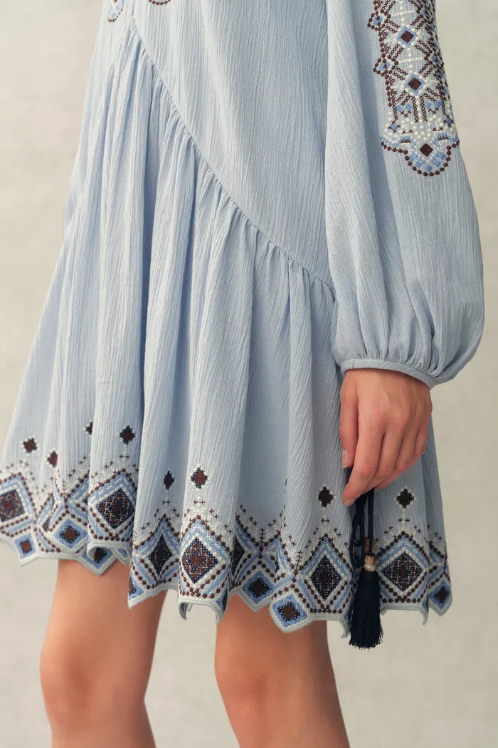 Bohdi Boho Embroidery Crewneck Puff Sleeve Dress in Cotton Crinkle Gauze - Image 7
