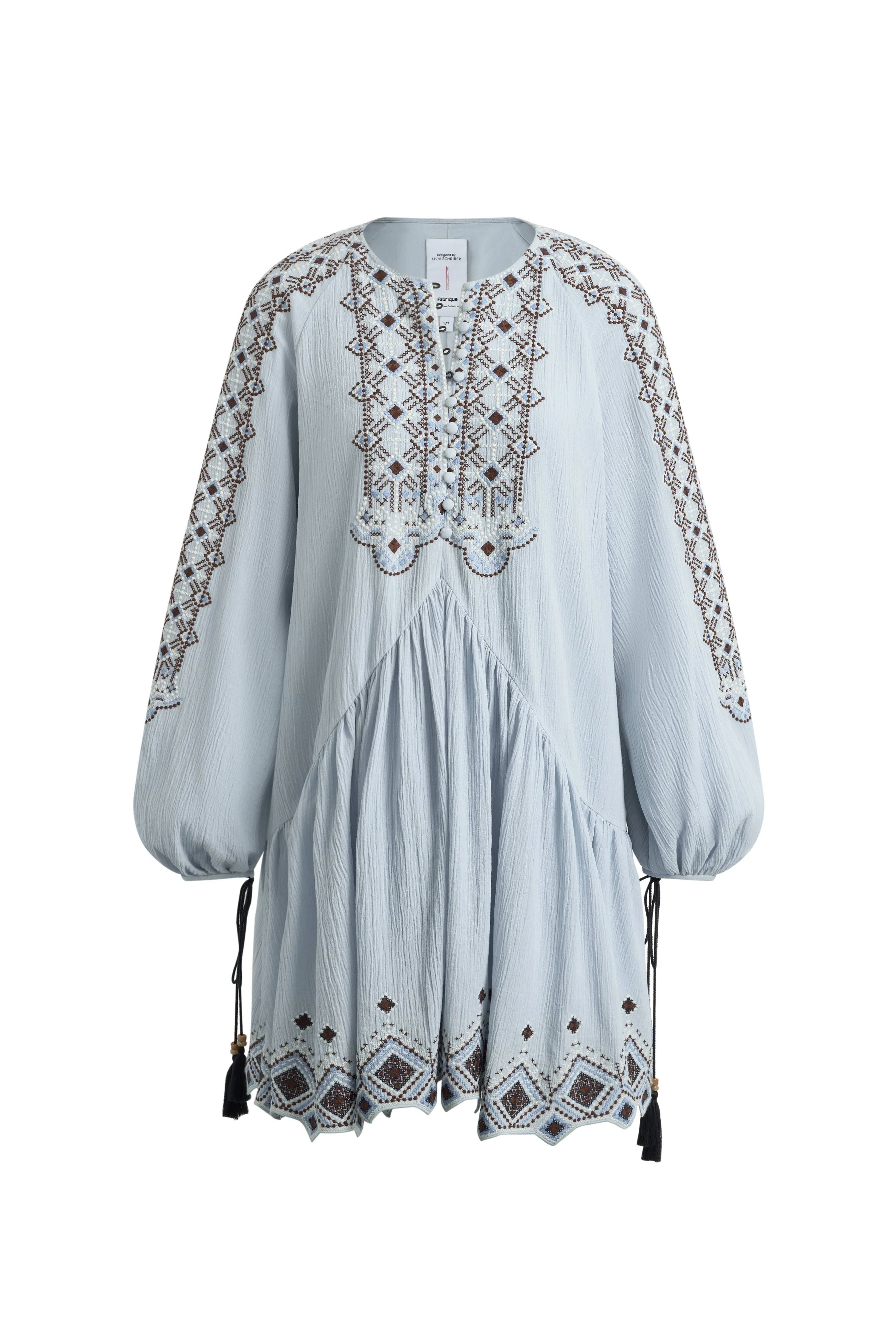 Bohdi Boho Embroidery Crewneck Puff Sleeve Dress in Cotton Crinkle Gauze - Image 8