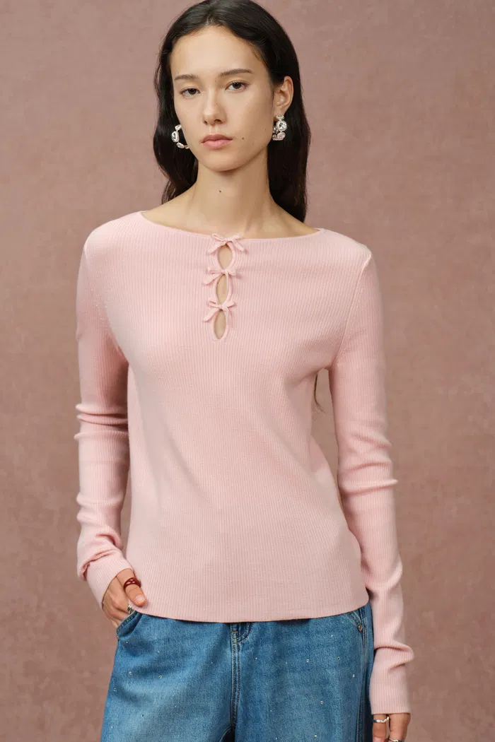 Bow Cutwork Fitted Sweater in Stretchy Merino Wool Knit - Image 2