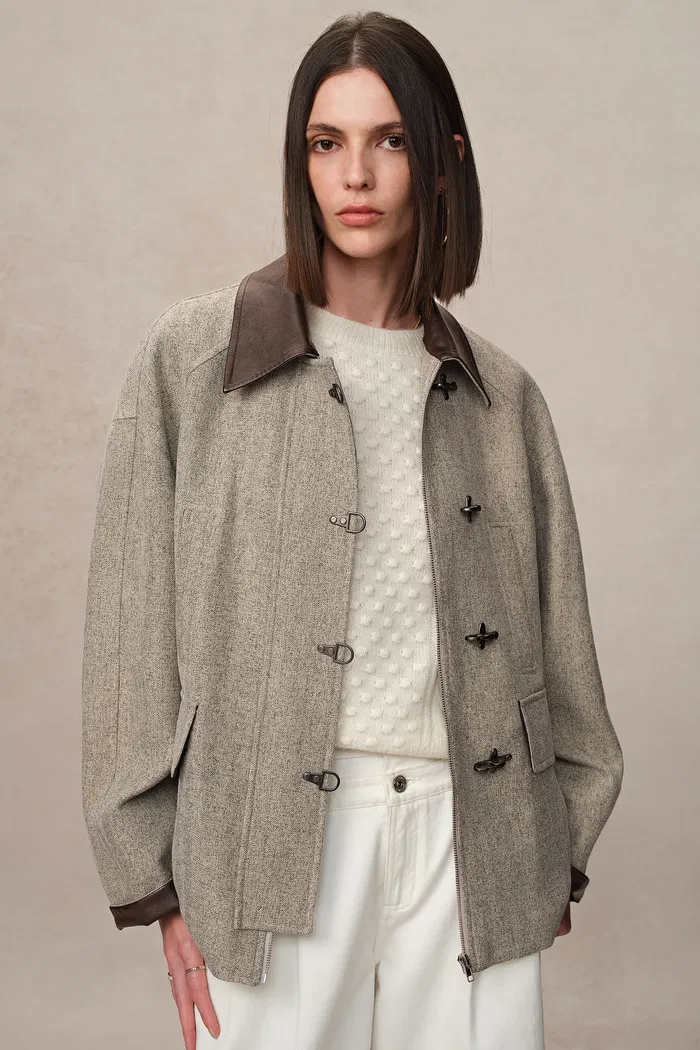 Boxy Style Utility Jacket in Heathered Herringbone - Image 2