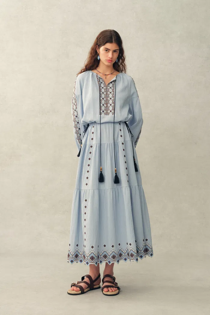 Briana Boho Embroidered Drawstring Long Puff Sleeve Dress in Cotton Crinkle Gauze