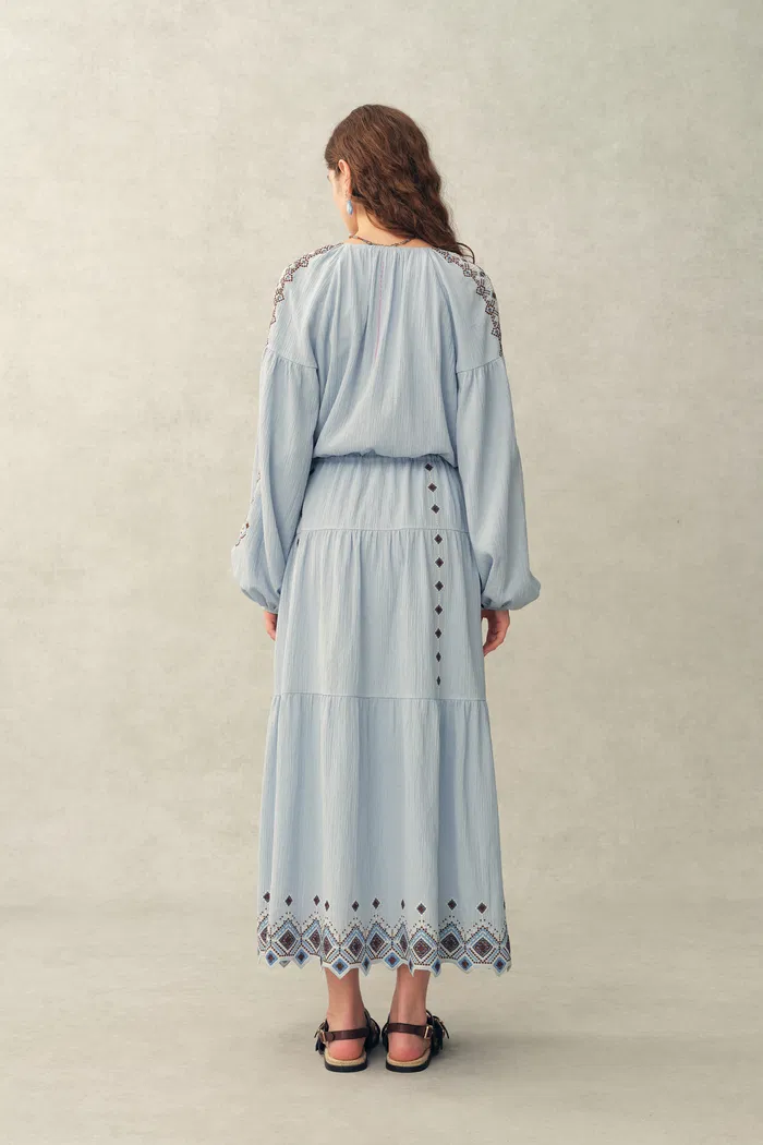 Briana Boho Embroidered Drawstring Long Puff Sleeve Dress in Cotton Crinkle Gauze - Image 2