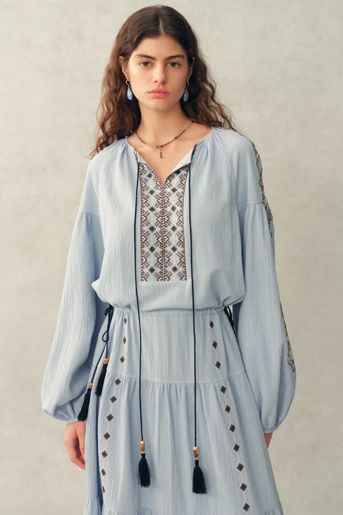 Briana Boho Embroidered Drawstring Long Puff Sleeve Dress in Cotton Crinkle Gauze - Image 3