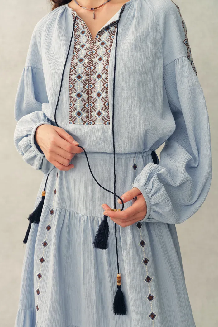 Briana Boho Embroidered Drawstring Long Puff Sleeve Dress in Cotton Crinkle Gauze - Image 4