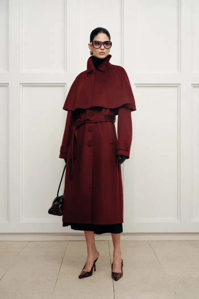 Brianna Belted Detachable Cape Trench Coat in Merino Wool Double-Face - Image 2