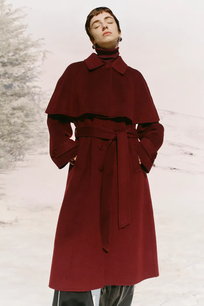 Brianna Belted Detachable Cape Trench Coat in Merino Wool Double-Face - Image 3
