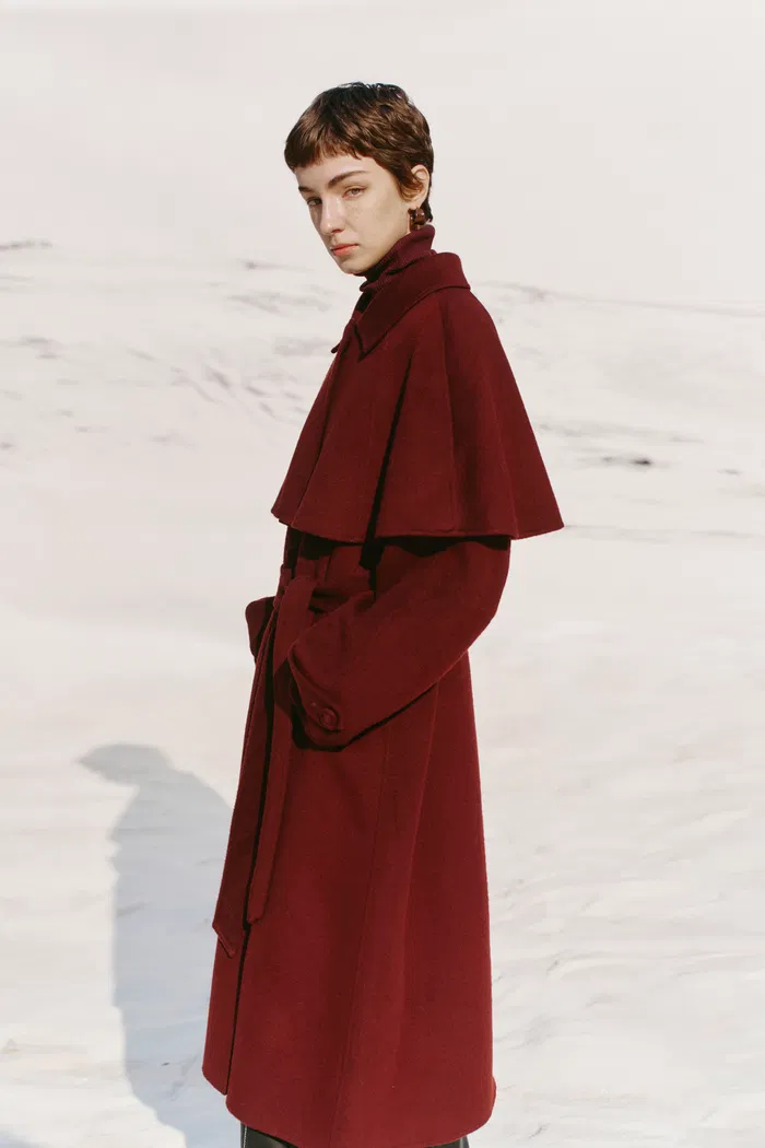 Brianna Belted Detachable Cape Trench Coat in Merino Wool Double-Face - Image 4