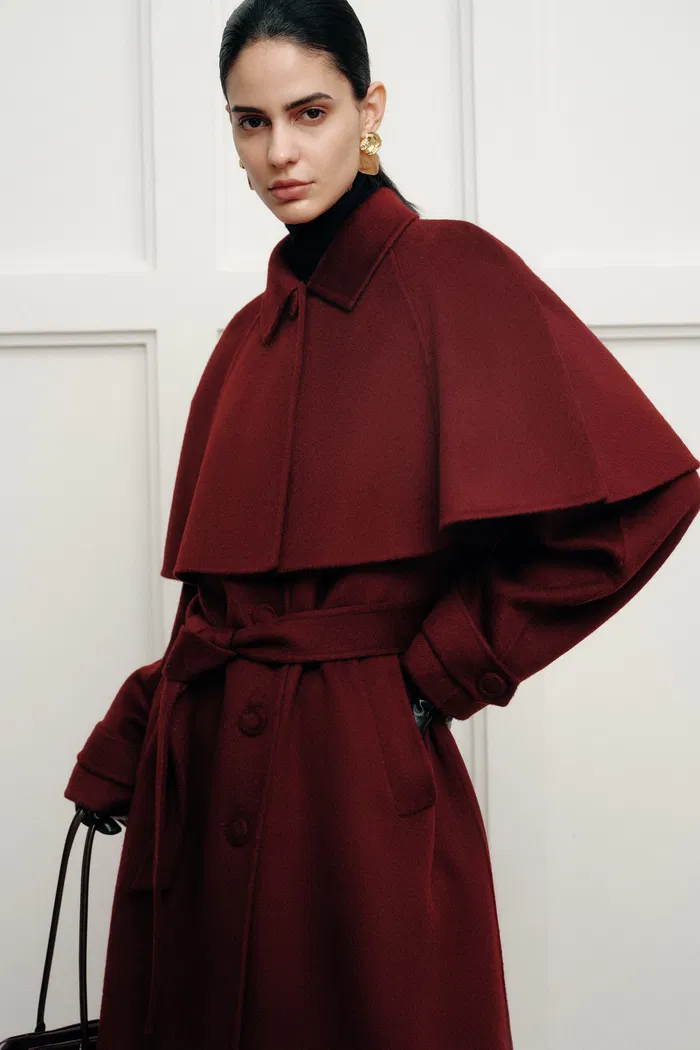 Brianna Belted Detachable Cape Trench Coat in Merino Wool Double-Face - Image 5