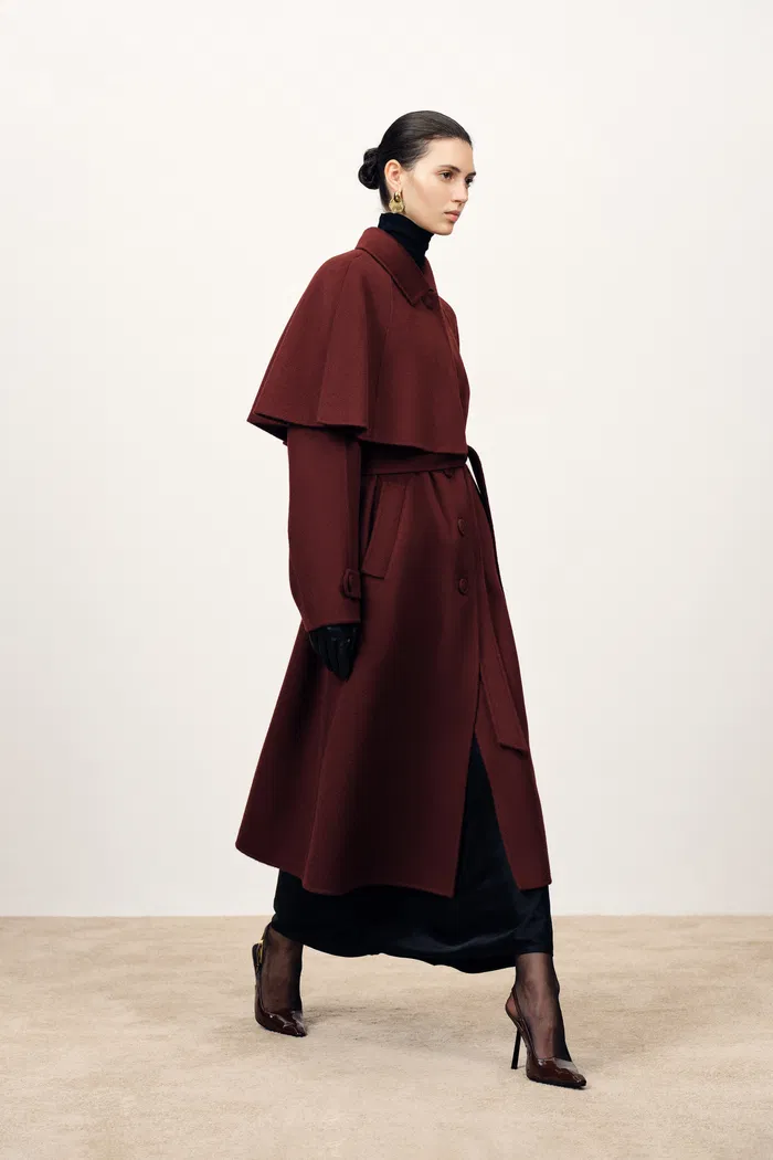 Brianna Belted Detachable Cape Trench Coat in Merino Wool Double-Face - Image 6