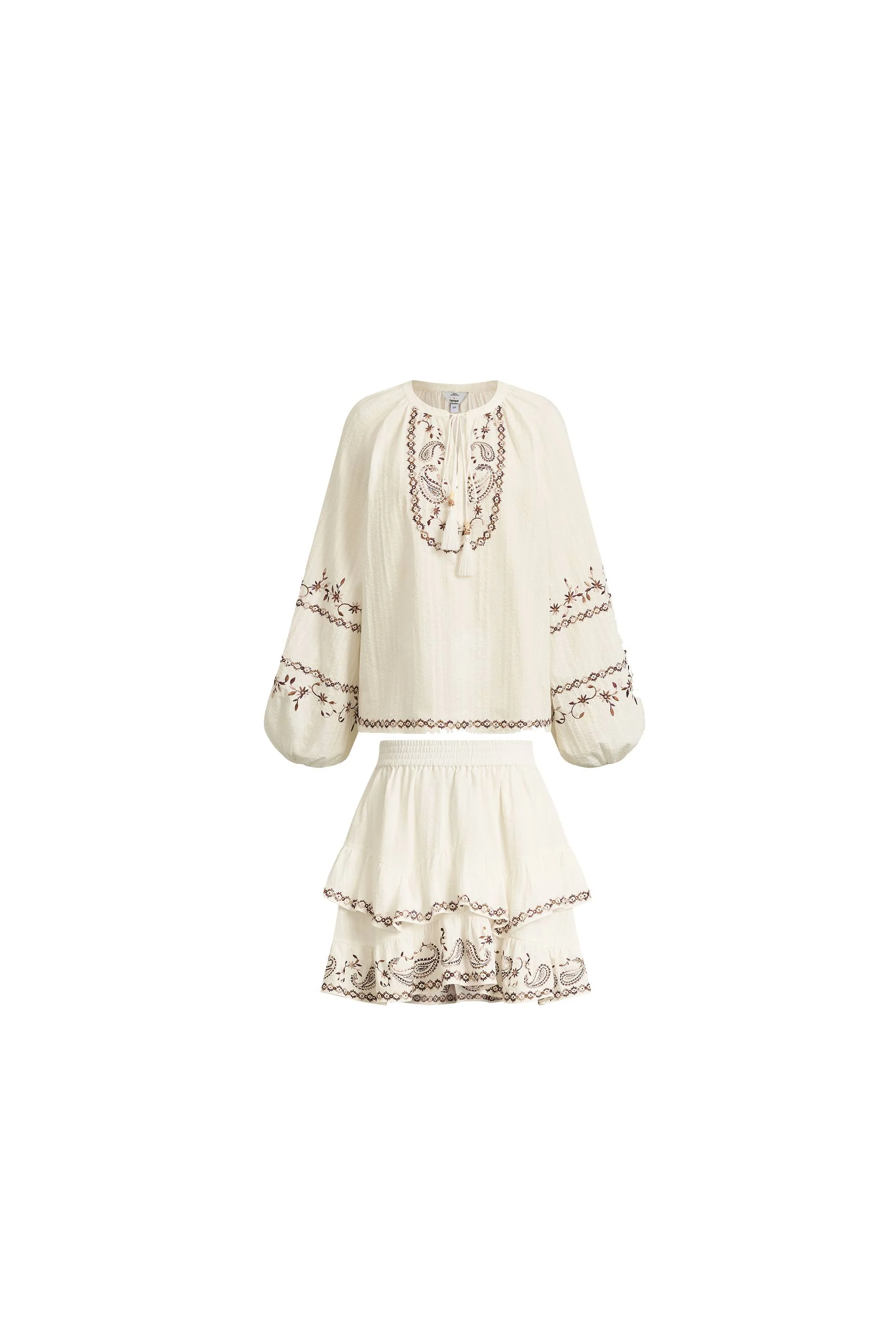 Brioche Beaded Tassel Tie Embroidery Blouse and Skirt Set in Crinkled Cotton - Image 8