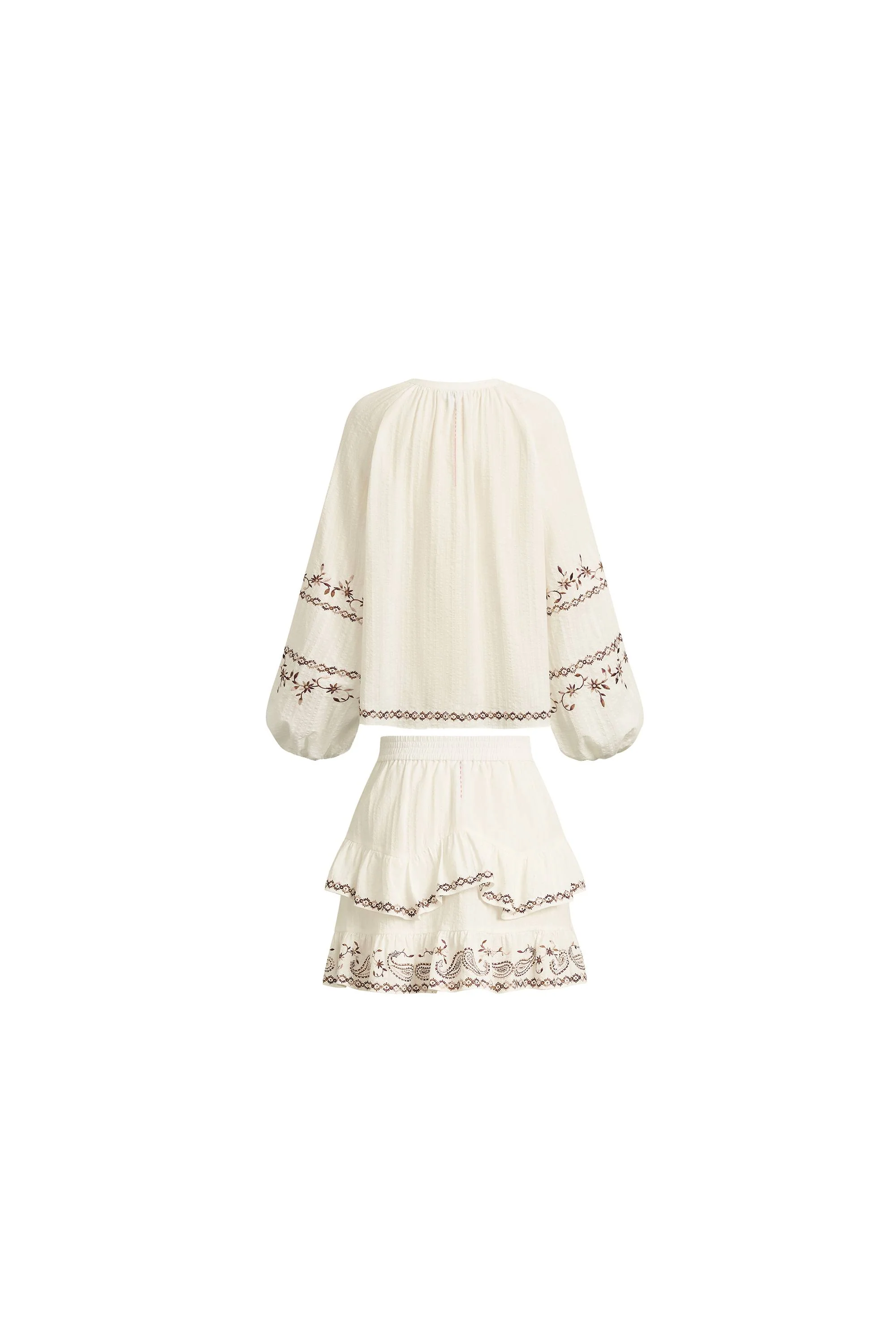 Brioche Beaded Tassel Tie Embroidery Blouse and Skirt Set in Crinkled Cotton - Image 9