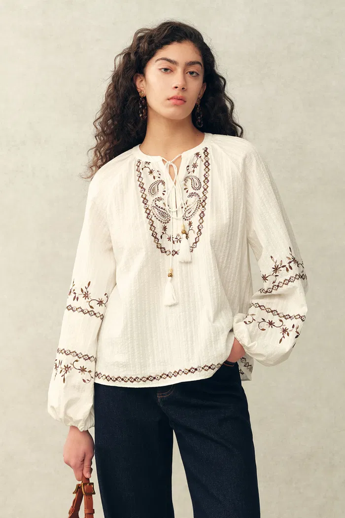 Brioche Beaded Tassel Tie Embroidery Blouse in Crinkled Cotton - Image 2