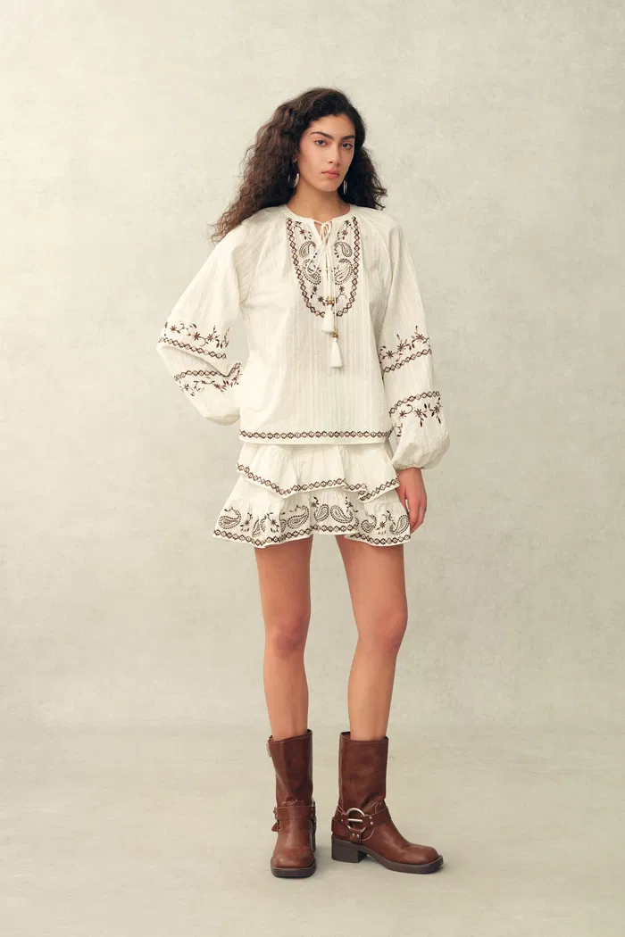 Brioche Paisley Embroidery Skirt in Crinkled Cotton - Image 3