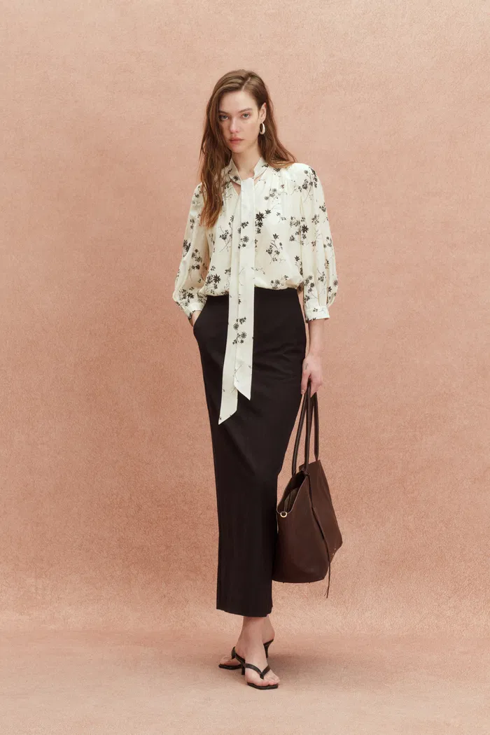 Brooke Hand Painted Flora Scarf Neck Blouse in Silk Blend Satin - Image 3