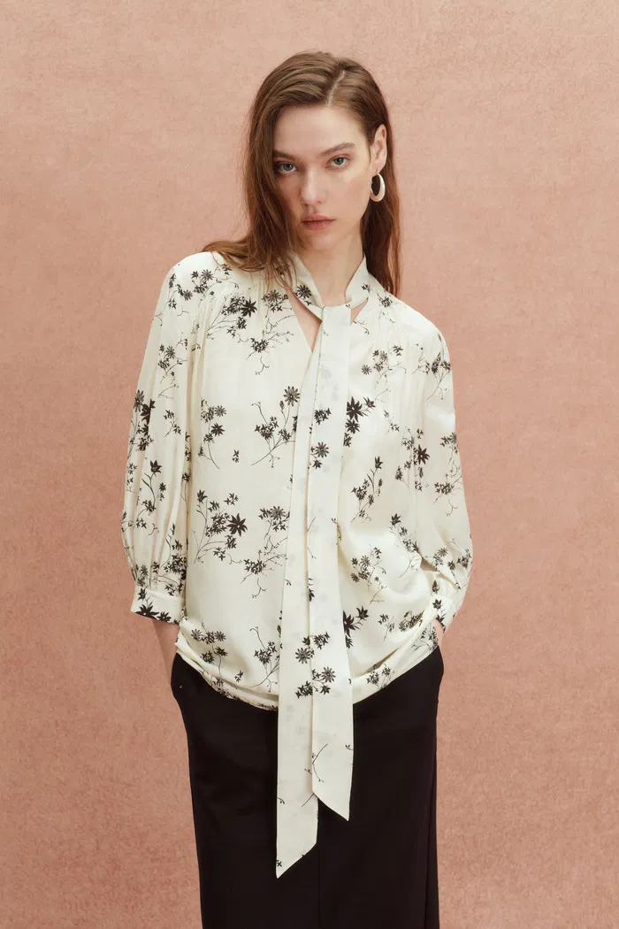 Brooke Hand Painted Flora Scarf Neck Blouse in Silk Blend Satin - Image 5