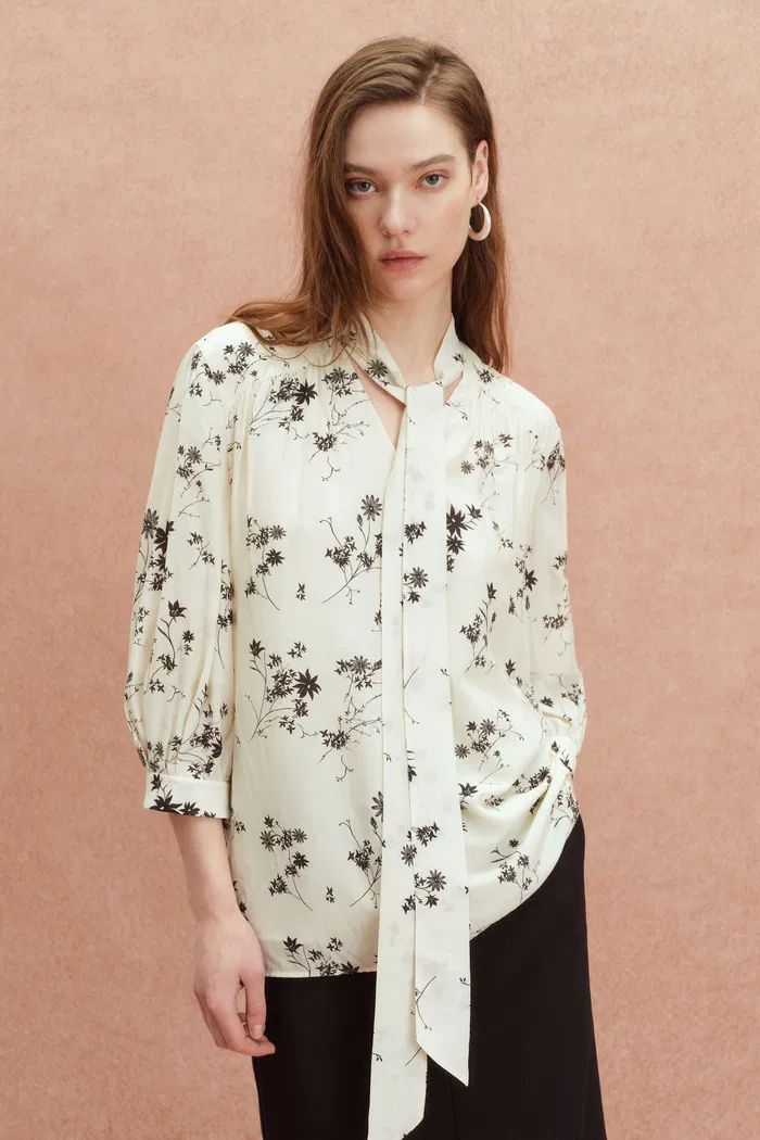 Brooke Hand Painted Flora Scarf Neck Blouse in Silk Blend Satin - Image 6