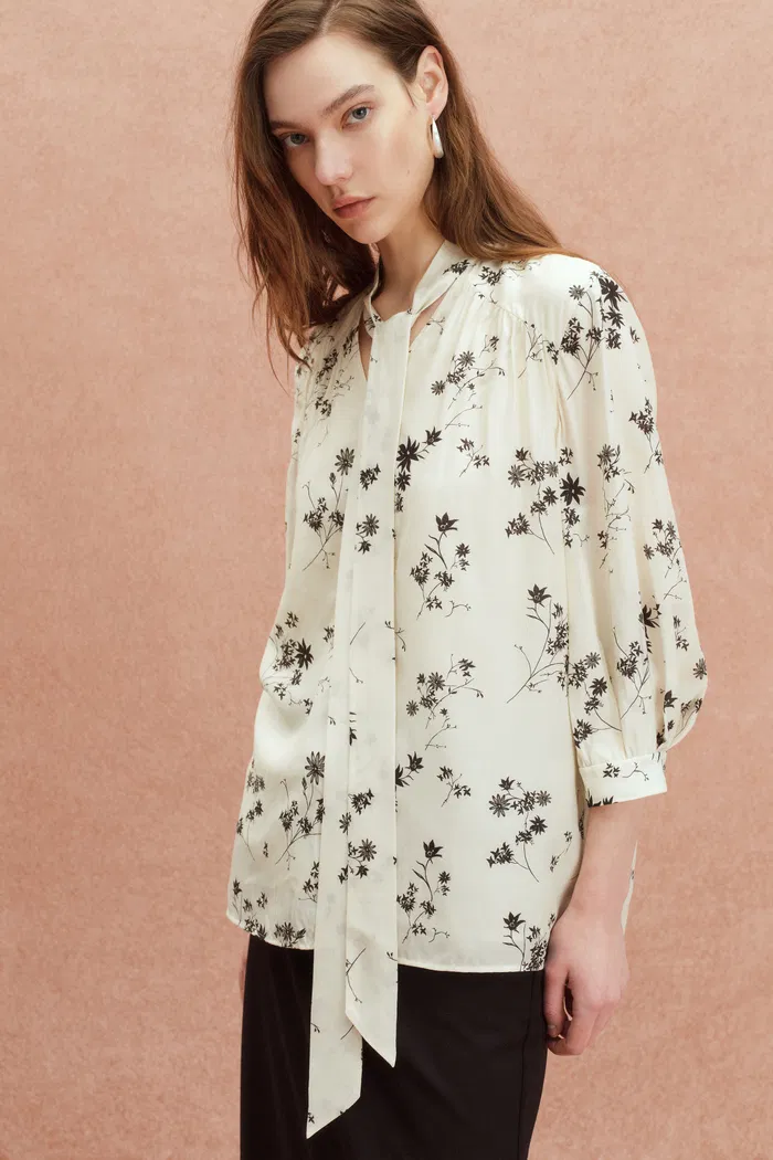Brooke Hand Painted Flora Scarf Neck Blouse in Silk Blend Satin - Image 7