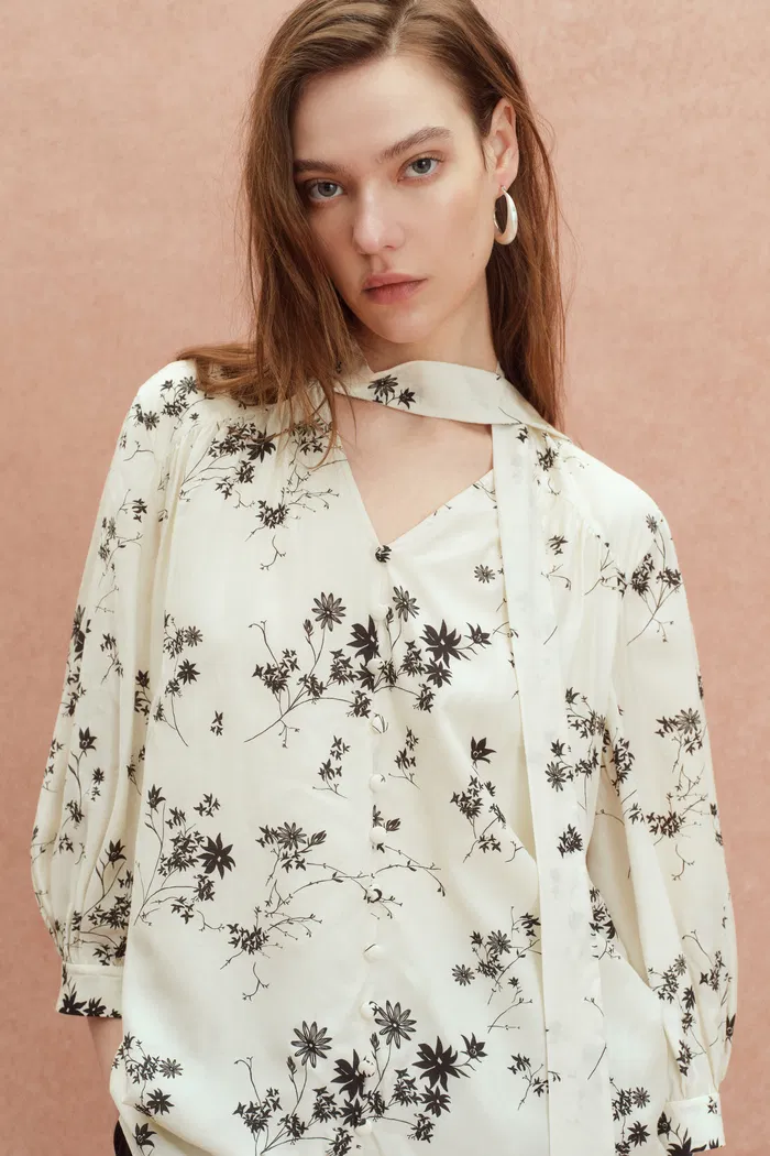 Brooke Hand Painted Flora Scarf Neck Blouse in Silk Blend Satin - Image 8