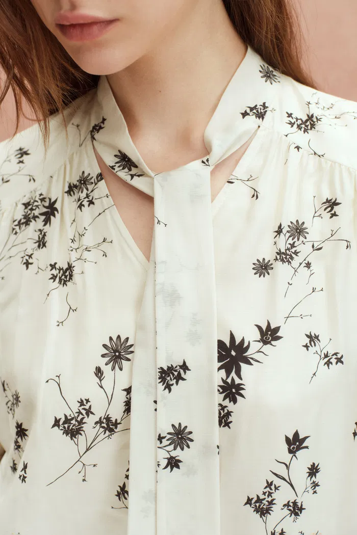 Brooke Hand Painted Flora Scarf Neck Blouse in Silk Blend Satin - Image 9