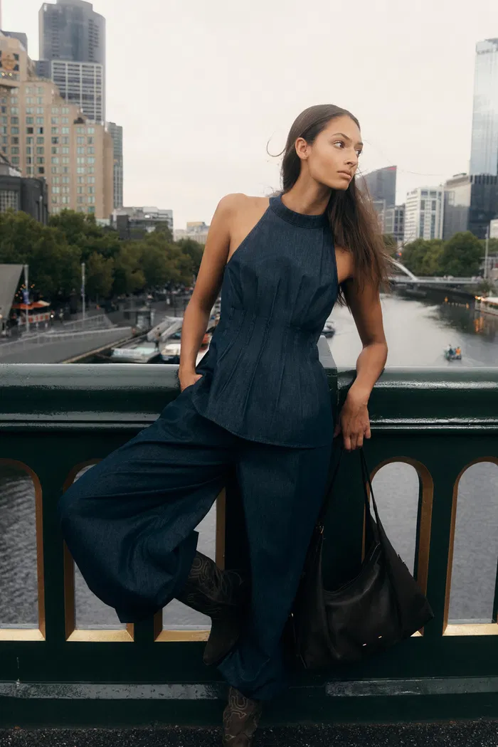 Brooke Handwork Pleats Halter Neck Top and Jeans Set in Acetate Tencel Denim