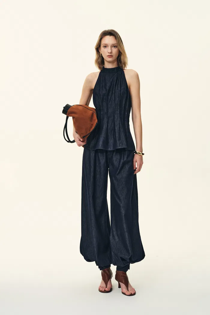 Brooke Handwork Pleats Halter Neck Top and Jeans Set in Acetate Tencel Denim - Image 2