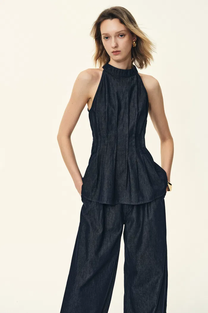 Brooke Handwork Pleats Halter Neck Top and Jeans Set in Acetate Tencel Denim - Image 4
