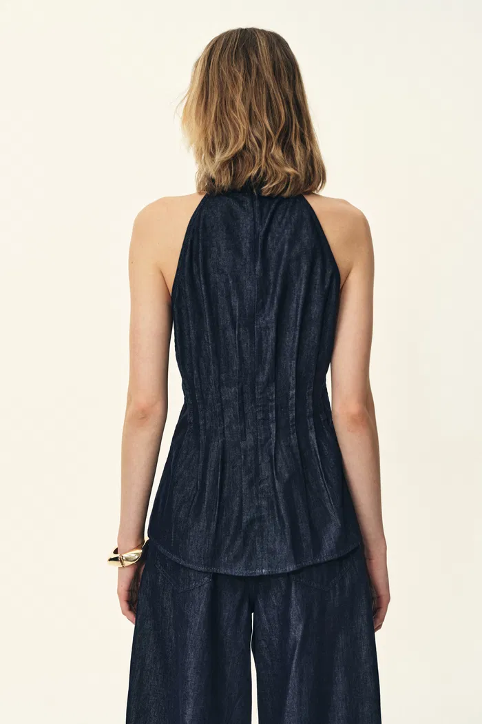 Brooke Handwork Pleats Halter Neck Top and Jeans Set in Acetate Tencel Denim - Image 5