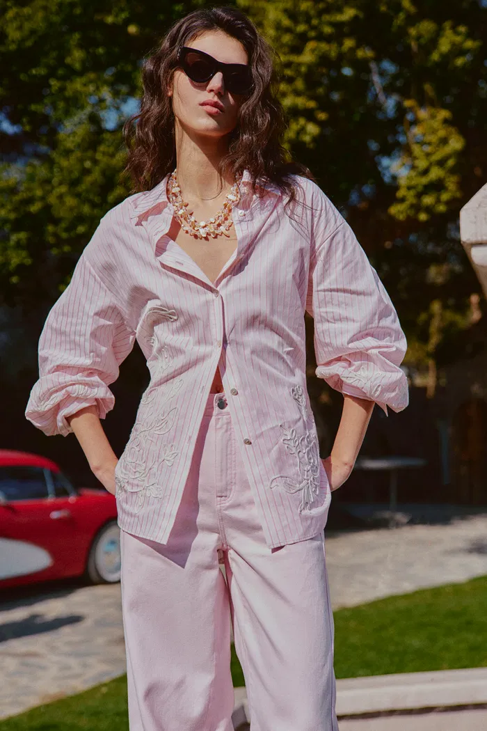 Brooke Puff Sleeve Oversized Striped Shirt In Cotton Poplin