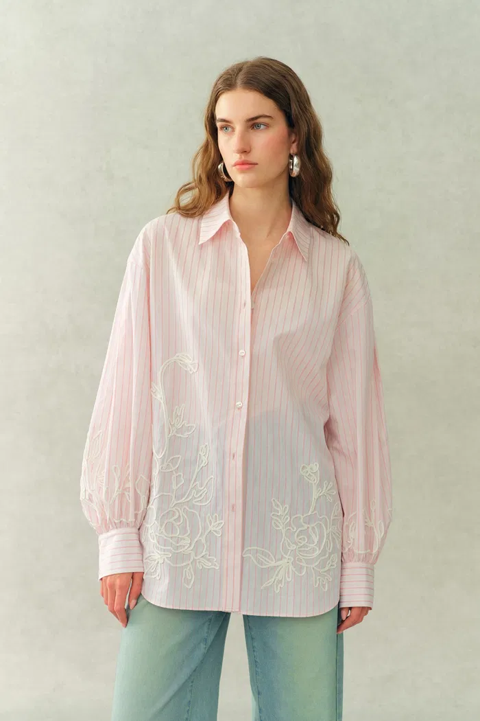 Brooke Puff Sleeve Oversized Striped Shirt In Cotton Poplin - Image 2