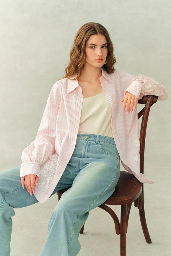 Brooke Puff Sleeve Oversized Striped Shirt In Cotton Poplin - Image 4
