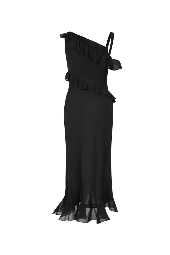 Calla Asymmetrical Ruffle Dress in Georgette Silk - Image 11