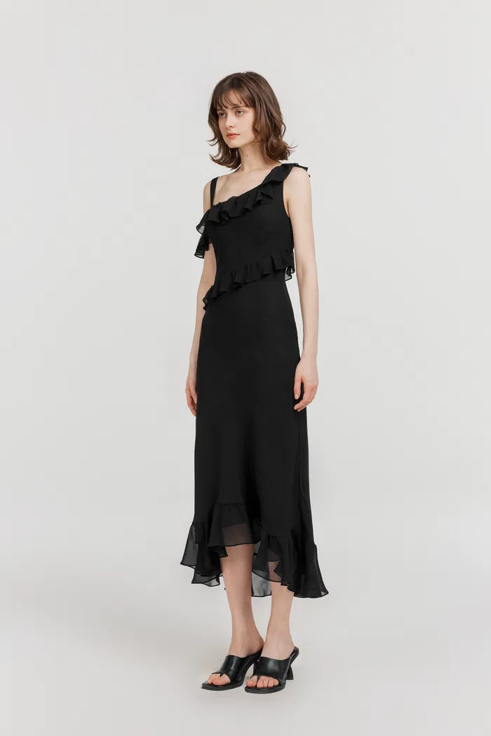Calla Asymmetrical Ruffle Dress in Georgette Silk - Image 3
