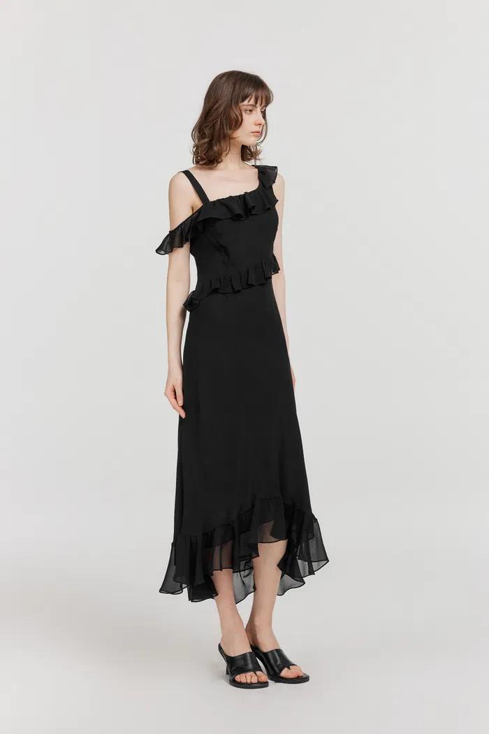Calla Asymmetrical Ruffle Dress in Georgette Silk - Image 4