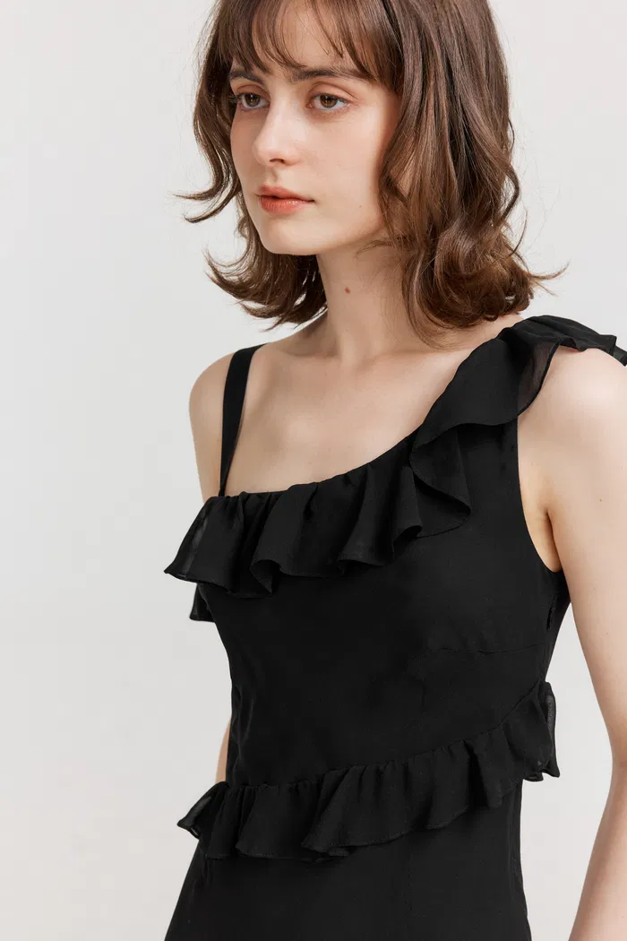 Calla Asymmetrical Ruffle Dress in Georgette Silk - Image 6